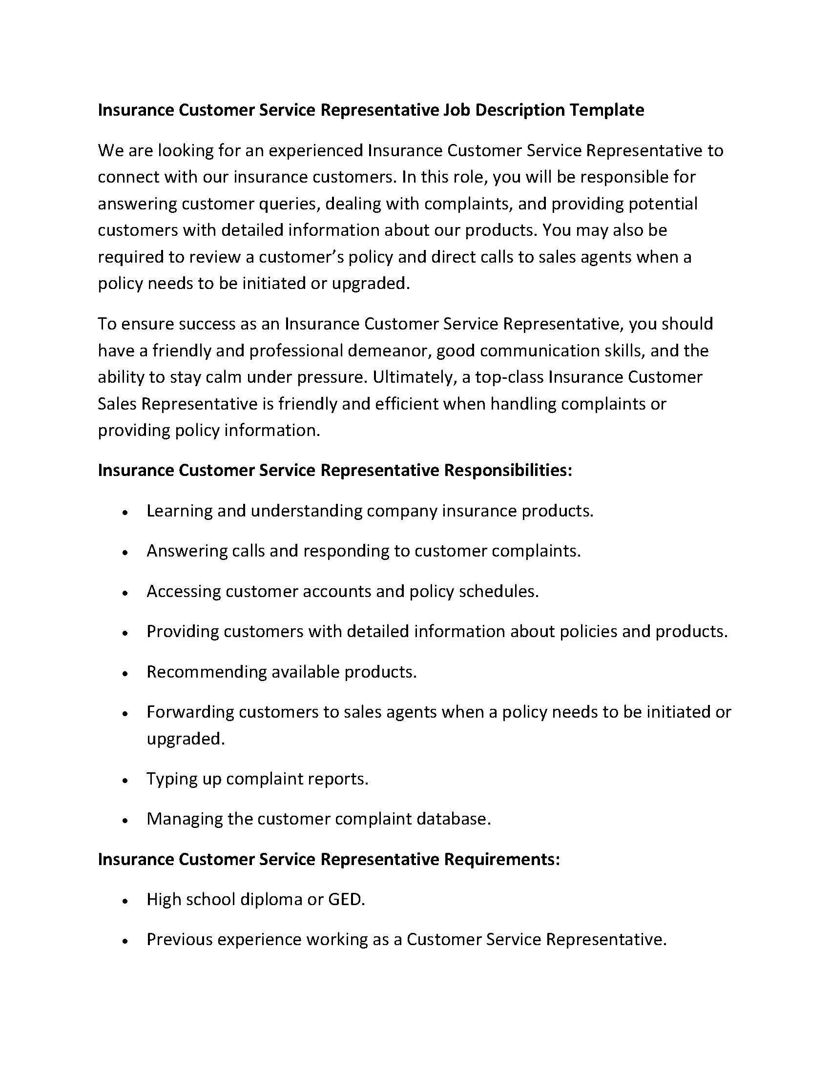 Insurance Customer Service Representative Job Description Templat1